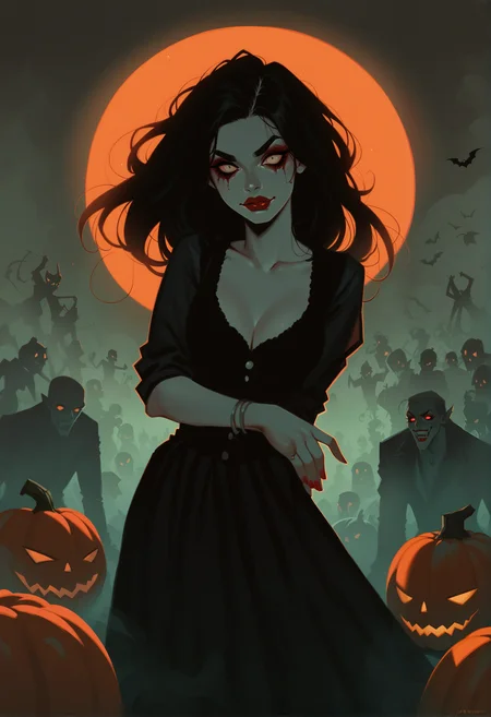 score_9, score_8_up, score_7_up, score_6, 1 girl, zombie, dead, (dancing:1.1), long hair, red lipstick, midnight, green fog, halloween, dramatic lighting, backlight, pumpkins, evil spirits, coven, crowd scene, in action, rating_safe