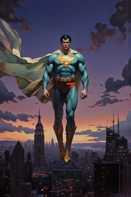 Art by Frank Frazetta, ArsMJStyle, Colored pencil hyperdetailed realism, Superman in a classic pose, floating above a cityscape at sunset. The background features a city with skyscrapers and tall buildings, bathed in a regraded cool-toned twilight. The sky is now a blend of deep purples, blues, and hints of emerald green, with scattered clouds reflecting the altered color palette.
Superman, the central figure, is portrayed with a muscular physique and a determined expression. He wears a redesigned suit where the traditional blue is now crisp white, and the red elements have been replaced with a striking emerald green. The iconic yellow S-shield on his chest remains unchanged, standing out boldly against the new color scheme. His flowing cape, now emerald green, billows behind him, adding to the dramatic and powerful presence he commands.
His boots match the cape in emerald green, while his gloves are also white, blending seamlessly with the redesigned suit. The texture of his costume appears smooth and slightly glossy, reflecting ambient light and enhancing the heroic aesthetic.
The lighting in the image has been adjusted to a more ethereal, moody glow, casting soft, diffused illumination on Superman and the city below. The overall composition and color palette now exude a sense of otherworldly majesty, making this a visually captivating and striking reinterpretation of the iconic superhero.