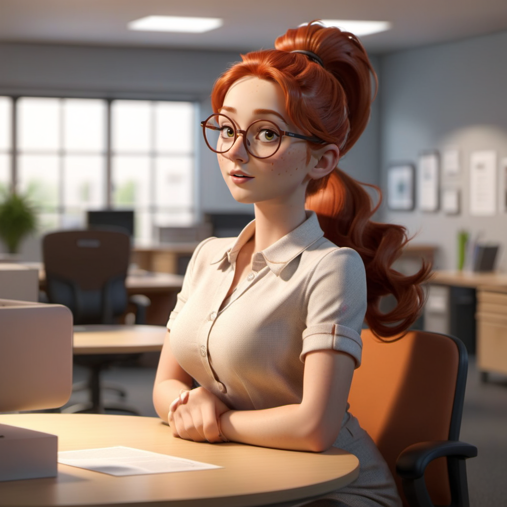 professional 3d model full body portrait 1girl, solo, round glasses, freckles, redhead, ponytail, in an office  <lora:MlleJeanne1024-step00000800:0.8> . octane render, highly detailed, volumetric, dramatic lighting