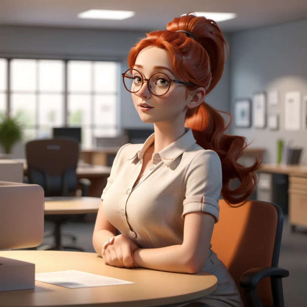 professional 3d model full body portrait 1girl, solo, round glasses, freckles, redhead, ponytail, in an office <lora:MlleJeanne1024-step00000800:0.8> . octane render, highly detailed, volumetric, dramatic lighting