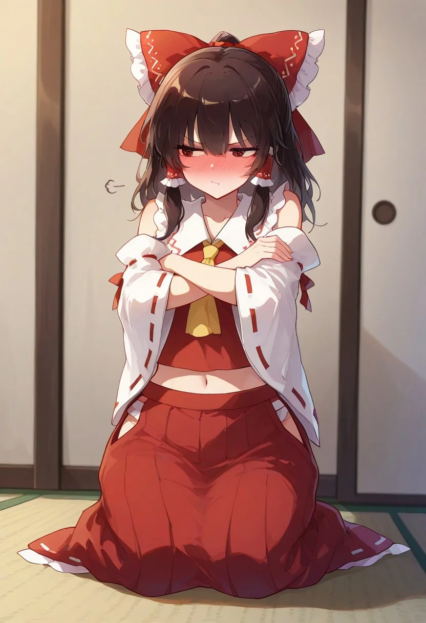 masterpiece, best quality, amazing quality, 1girl, solo hakurei_reimu, Touhou, sam_ashton, black hair, medium hair, hair ribbon, non-traditional miko, navel, midriff, pouting, full-face blush, arms crossed, full body, looking away