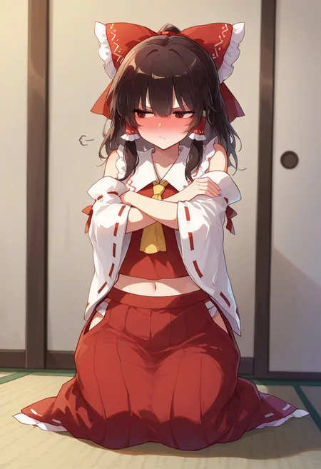 masterpiece, best quality, amazing quality, 1girl, solo hakurei_reimu, Touhou, sam_ashton, black hair, medium hair, hair ribbon, non-traditional miko, navel, midriff, pouting, full-face blush, arms crossed, full body, looking away