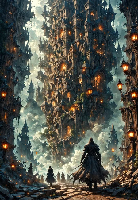 1other, scenery, outdoors, cloud, building, sky, tower, stairs, cloudy sky, multiple others, ambiguous gender, city, fog, fantasy, architecture, castle, standing, weapon, multiple boys, lamppost, lantern, arch, bridge, eye-level on a low-angle shot of a medieval castle. The castle is made up of gray stone, with turrets and spires. Two people, dressed in dark clothing, are walking on a cobblestone pathway. The sky is a deep blue, dotted with white clouds, adding a touch of mystery to the scene. To the right of the castle, a street lamp is lit up, providing a warm glow., a dark and ominous scene, gothic castle, two people standing on the left side of the image, A detailed digital illustration of a dark and ominous scene, featuring a towering castle with turrets and spires, standing on a cobblestone pathway. The castle, a Gothic-style structure, is awash in a deep blue and white cloudy sky, while two people stand on the left side of the image, clad in dark clothing. The illustration captures a sense of mystery and intrigue, with a low-angle shot of the castle's grandeur., anime artwork, anime style, studio anime, highly detailed, masterpiece, best quality, very aesthetic, absurdres, cinematic lighting, realistic, hyperrealism,
DonM3t3rn1tyXL, Bloodborne, artchlr, husk, DonMG414XL,