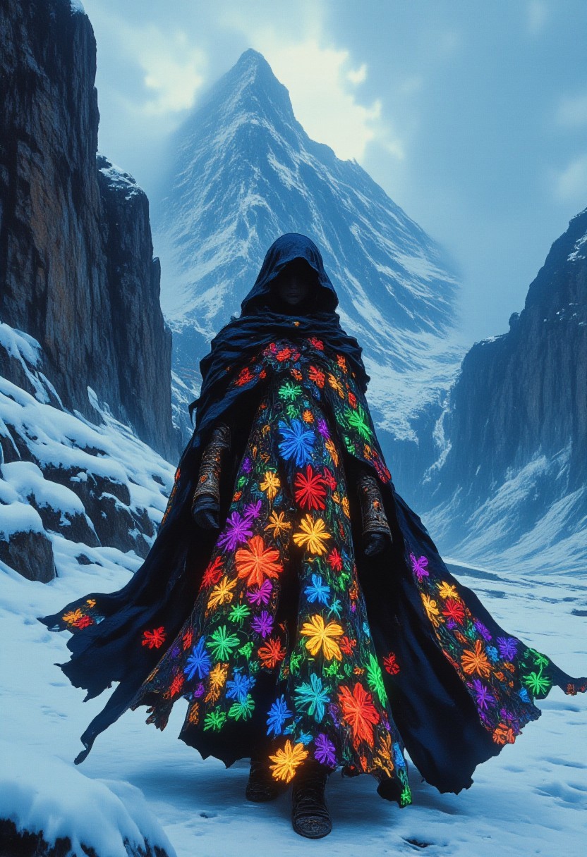 A hyper-realistic portrait of an Iranian woman in a flowing medieval robe adorned with intricate multicolored floral patterns, glowing vividly with hues of sapphire blue, emerald green, ruby red, golden yellow, and amethyst purple. Each flower features thick, luminous outlines matching its color, creating a mesmerizing contrast against the robe’s dark crimson and black base. The high collar and sweeping train remain intact, radiating with a magical, dynamic vibrancy. Her partially pulled-back hood frames her determined face, illuminated softly by the glow of the multicolored floral designs. She strides through a cold, snowy landscape, with a vast expanse of snow-covered terrain stretching endlessly around her. The crisp, white snow contrasts sharply with the vivid glow of the robe, while the surrounding frozen world remains muted in shades of pale blues and grays. Jagged mountain peaks rise in the distance, dusted with snow, their outlines softened by the swirling mist. The overcast sky looms above, casting a diffused, ethereal light over the scene, while the soft, ambient light of the snow reflects the faint magical glow of the flowers on her robe. The lighting creates a cold, serene atmosphere, with the snow's coolness emphasizing the warmth of her vibrant attire. HD quality, R-ESRGAN 4x+, cinematic depth of field, dynamic contrast.