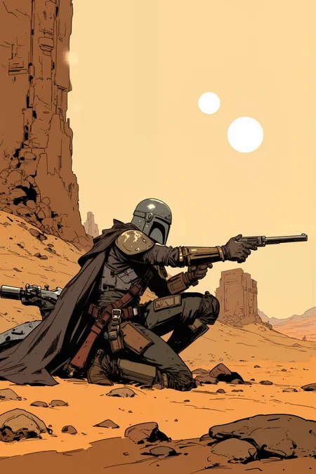In the shadow of a crumbling Jedi temple on a desert planet, a lone Mandalorian with a battle-worn helmet kneels beside a science fiction hight tech speeder bike, scanning the horizon through his visor. His armor, scratched and scarred from countless battles, gleams under the harsh twin suns, reflecting the endless dunes that stretch out in every direction. In his gloved hand, he holds a blaster, the barrel still hot from a recent firefight, while his other hand rests on the hilt of a vibroblade strapped to his leg. Behind him, the ancient stone ruins of the temple are half-buried in the sand, their weathered carvings barely visible in the blinding light. High above, two suns hang in the pale sky, casting long, jagged shadows across the dunes. The air is hot and dry, filled with the faint hum of distant wind, and the occasional cry of a bantha echoes across the desolation. The Mandalorianâs cape flutters in the breeze as he surveys the empty landscape, his stance poised and ready for whatever may come next. The scene is one of solitude and tension, where the unforgiving desert and the ancient past meet in silent opposition. Fantastic lighting. Detailed shadows.intricate details, vivid colors, hyper-detailed, ultra-sharp<lora:Ev_Ganin:0.4><lora:Vintage comic book:0.4><lora:RetroAnimeFluxV1:0.15><lora:Greg_Capullo_style:0.4><lora:jeanClaude_Mzires_Style_FLUX-000001:0.4><lora:Flux_Ink_Anime:0.4>