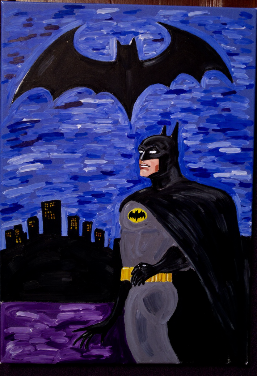 <lora:Thrift_Store_Paintings_FLUX:1>
The image is a vibrant, expressive painting on canvas depicting a scene of Batman standing menacingly at night as the bat signal lights up the sky