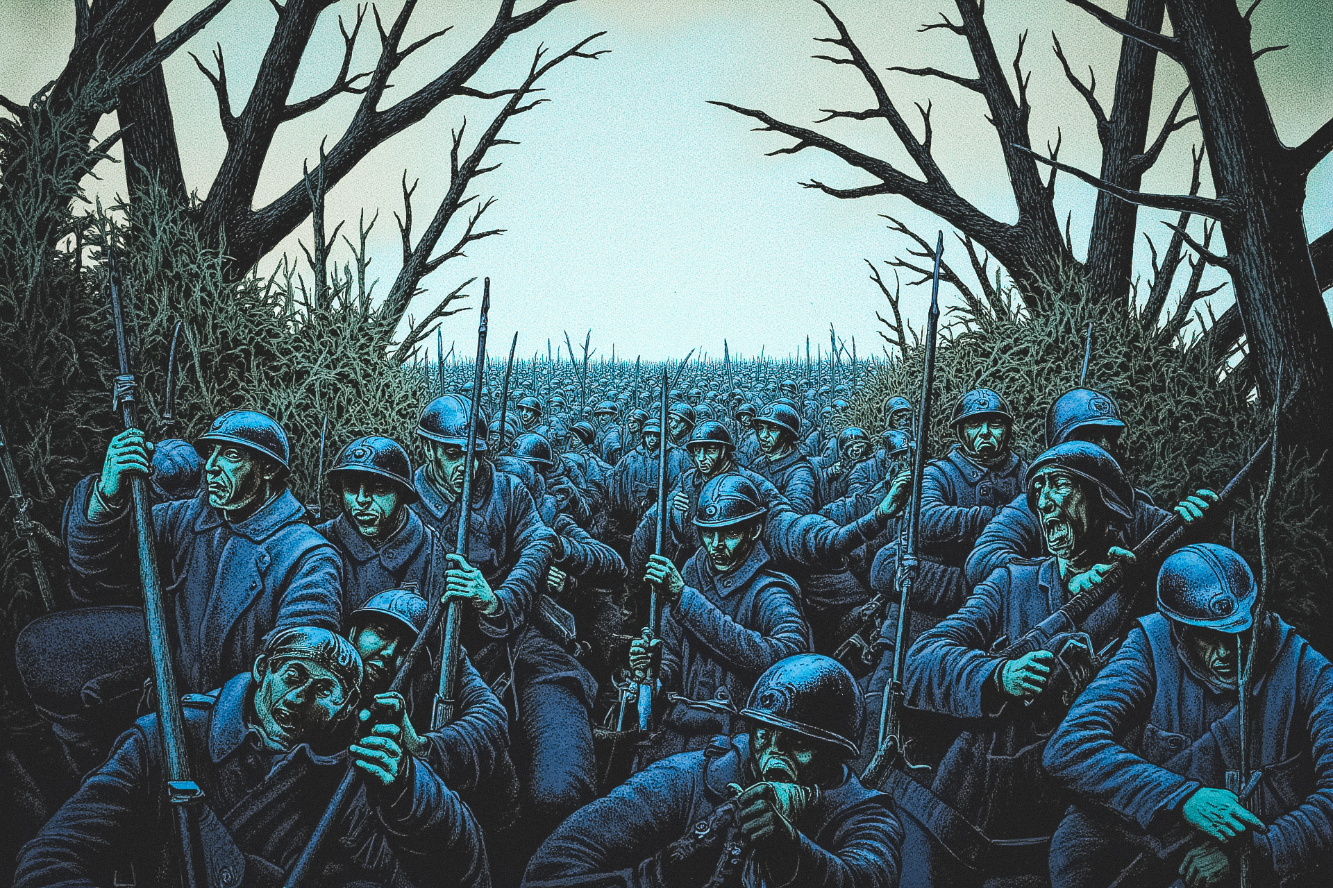 Illustration. Surreal. Deep in the forest, the Poilus press forward through a landscape that feels as though it has been cursed. The once lush and vibrant trees now stand as blackened husks, their twisted branches clawing at the sky, while the ground beneath the soldiers' feet is thick with mud and the remnants of barbed wire. The air is unnaturally still, save for the distant thump of artillery that sends vibrations through the earth. Fog snakes through the trees, mixing with the smoke of distant fires, creating a disorienting haze that obscures the world beyond a few feet. The soldiers' blue uniforms, covered in grime, are the only points of color in this monochrome wasteland, their helmets glistening with dew and ash. Their faces are hardened, shadowed by exhaustion, but their eyes reflect a quiet defiance as they move through the forest's hellish remains, bayonets glinting in the ghostly light. The once natural beauty of the forest has been transformed into something malevolent, an endless maze of death and destruction. <lora:metal_hurlant_v1:0.75> <lora:french_soldier_flux_v1:1.25>