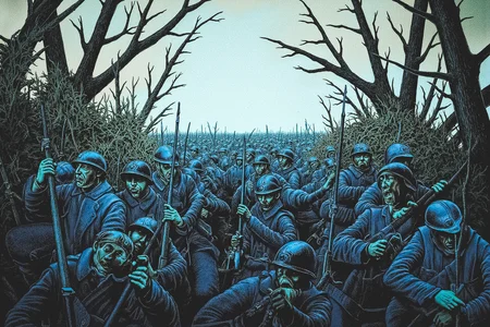 Illustration. Surreal. Deep in the forest, the Poilus press forward through a landscape that feels as though it has been cursed. The once lush and vibrant trees now stand as blackened husks, their twisted branches clawing at the sky, while the ground beneath the soldiers' feet is thick with mud and the remnants of barbed wire. The air is unnaturally still, save for the distant thump of artillery that sends vibrations through the earth. Fog snakes through the trees, mixing with the smoke of distant fires, creating a disorienting haze that obscures the world beyond a few feet. The soldiers' blue uniforms, covered in grime, are the only points of color in this monochrome wasteland, their helmets glistening with dew and ash. Their faces are hardened, shadowed by exhaustion, but their eyes reflect a quiet defiance as they move through the forest's hellish remains, bayonets glinting in the ghostly light. The once natural beauty of the forest has been transformed into something malevolent, an endless maze of death and destruction. <lora:metal_hurlant_v1:0.75> <lora:french_soldier_flux_v1:1.25>