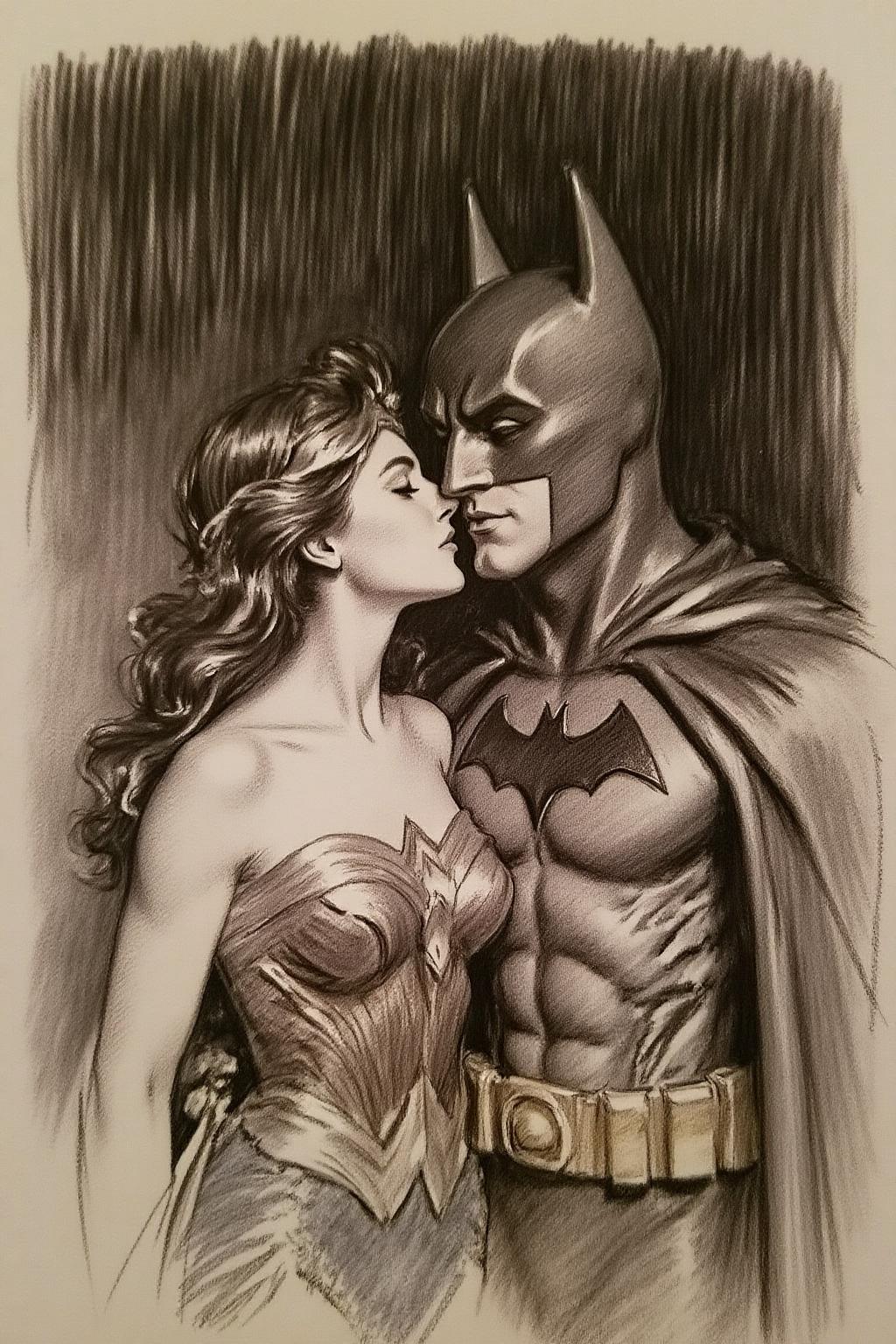 ,johnss1 charcoal drawing.
Wonder Woman and Batman Kissing in the rain
The background is shaded, textured and sketchy, creating a striking contrast that highlights the subjects. <lora:johnss1_cap_d6a3e12:1.0><lora:824345601824233289:0>