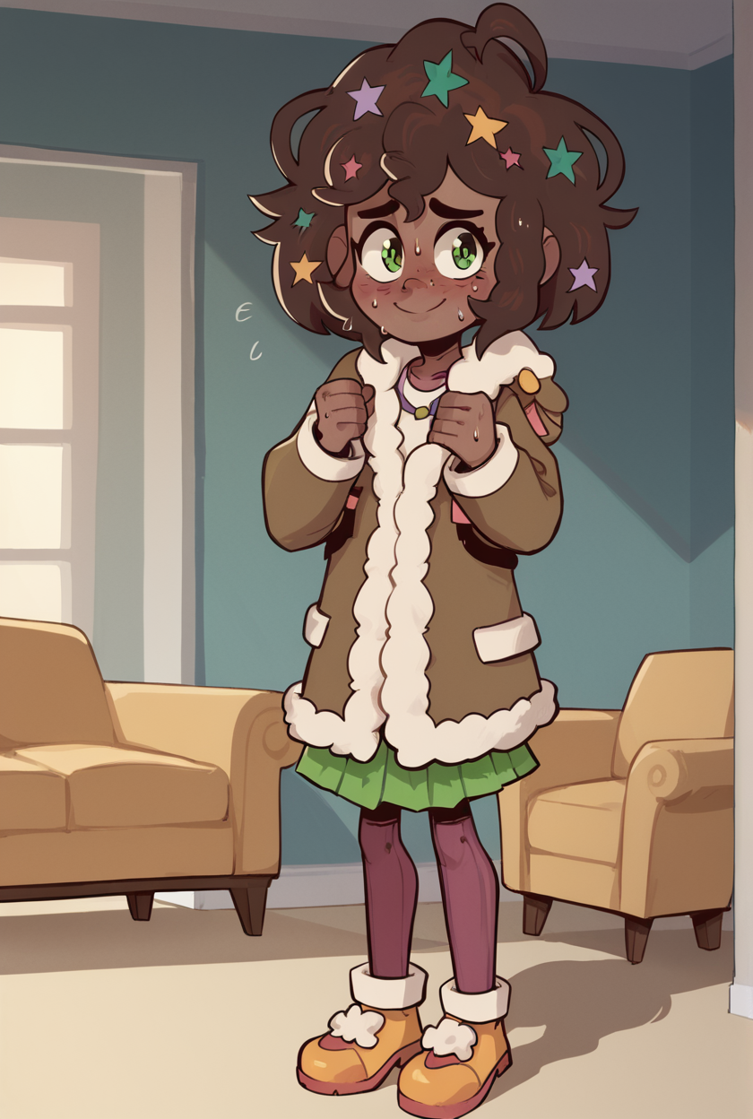 score_9, score_8_up, score_7_up, masterpiece, absurdres, BREAK
 Molly Blyndeff, dark-skinned female, Epithet style, ((full body)), 1girl, coat, skirt, living room, smiling, looking at viewer, nervous, sweaty, good anatomy, flat chest, good hands, High Quality V2,  zPDXL2   <lora:Molly_Blyndeff:0.9>,<lora:zPDXL2:1>
