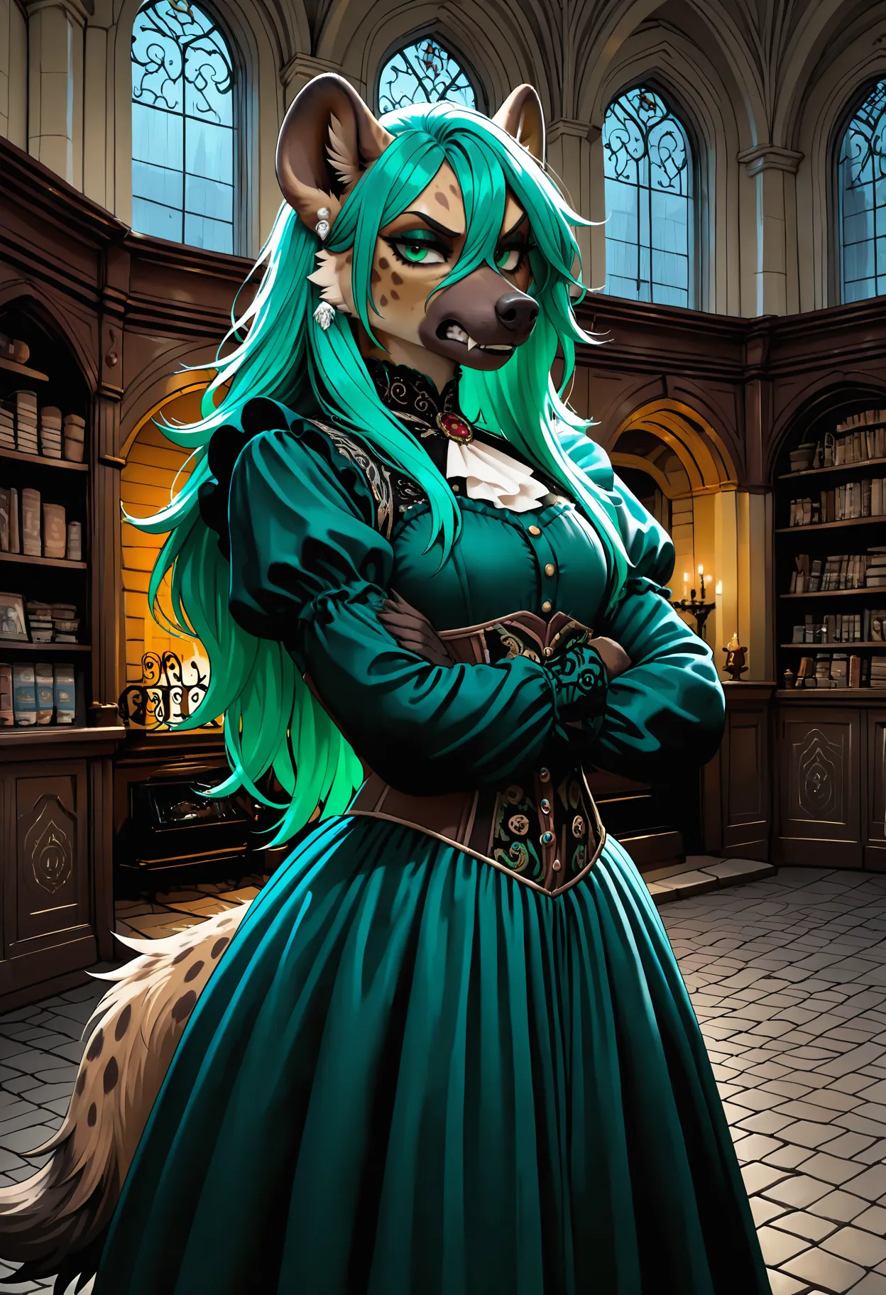 (anime, line art, flat color:1.1), gnoll, female, tan fur, green eyes, 1girl, solo, brown snout, cowboy shot, from side, from front, three-quarter view, tail, hyena, silver earrings, neon green hair, long hair, bangs, hair between eyes, annoyed, clenched teeth, closed mouth, snarl, looking at viewer, small breasts, arms crossed, crossed arms, victorian dress, long dress, high collar, puffed sleeves, lace trim, layered skirt, ruffles, corset, fitted bodice, long sleeves, gloves, petticoat, elegant, historical fashion, vintage, 19th century, detailed embroidery, frilly, ornate dress, flowing fabric, buttoned dress, brooch, ribbon, silk, satin, modest attire, grand ballroom, candlelit parlor, opulent estate, cobblestone streets, gaslit alleyway, gothic cathedral, misty london street, window, antique bookstore, shadowy study with a fireplace, embroidered rugs, towering bookshelves, rain-soaked streets, overcast, indoors, furry, anthro
, <lora:noobai_ep11_stabilizer_v0.138_fp16:0.8> <lora:Gnollv5Noobs95:1>