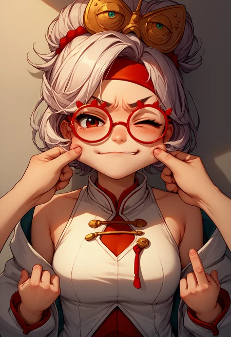 score_9, score_8_up, score_7_up, source_anime, 1girl, cheek pinching, pov hands, <lora:PinchingPOVBothHands_XLPD:1>, upper body, blush, one eye closed, <lora:purah-pdxl-nvwls-v1:0.8> purah, hair ornament, red headband, red glasses, sleeveless shirt, white coat, gloves, middle finger, smirk, annoyed,