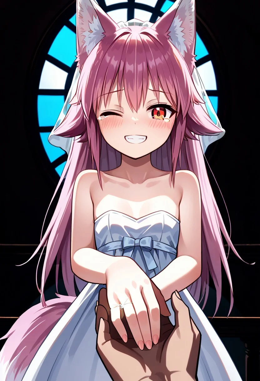 score_9, score_8_up, score_7_up, score_6_up, score_5_up, score_4_up, Lanka Ookami, wolf girl, long hair, pink hair, wolf ears, ear fluff, fluffy wolf tail, wolf tail, (orange eyes: 1.1),<lora:wedding-ring-ponyxl-lora-nochekaiser:1>, wedding ring, marriage proposal, pov, pov hands, hand grab,, blush, wedding dress, white dress, veil, one eye closed, tears, church, smile, bare shoulders, collarbone, flat chest,, dutch angle, looking at viewer, cowboy shot,