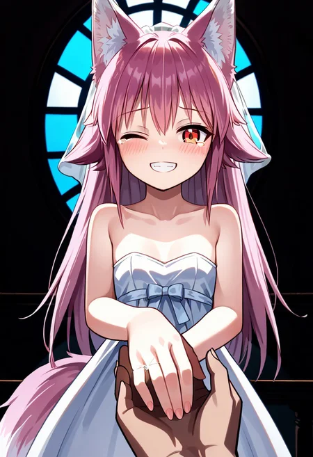 score_9, score_8_up, score_7_up, score_6_up, score_5_up, score_4_up, Lanka Ookami, wolf girl, long hair, pink hair, wolf ears, ear fluff, fluffy wolf tail, wolf tail, (orange eyes: 1.1),<lora:wedding-ring-ponyxl-lora-nochekaiser:1>, wedding ring, marriage proposal, pov, pov hands, hand grab,, blush, wedding dress, white dress, veil, one eye closed, tears, church, smile, bare shoulders, collarbone, flat chest,, dutch angle, looking at viewer, cowboy shot,