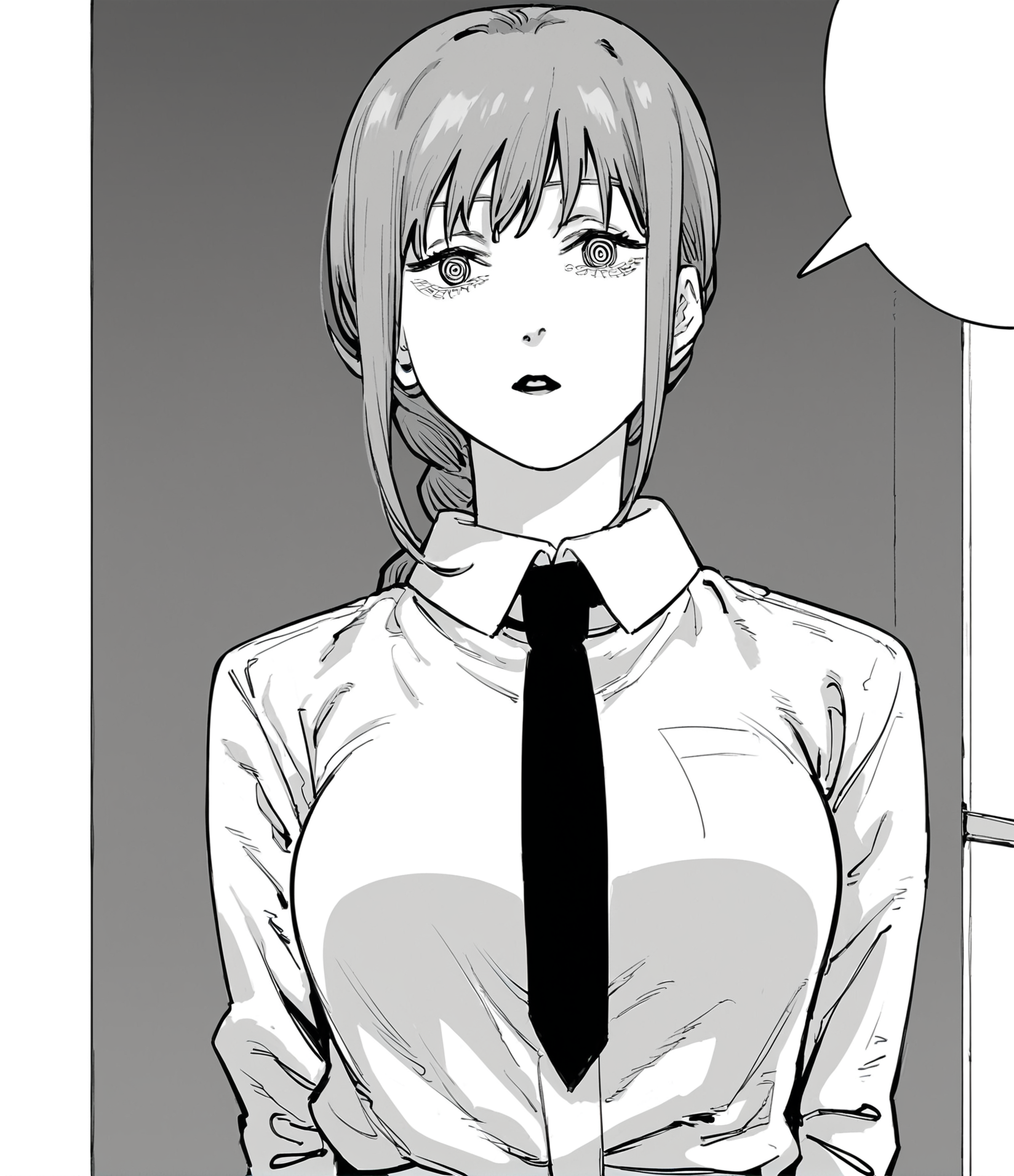 score_9, score_8_up, score_7_up, score_6_up, score_5_up, score_4_up, 2d, sketchy, manga, <lora:Fujimoto_chainsawman:1> fujichai, monochrome, 1girl,solo,breasts,looking at viewer,open mouth,bangs,shirt,long sleeves,medium breasts,monochrome,braid,greyscale,necktie,collared shirt,pants,medium hair,speech bubble,arms behind back,black pants,formal,suit,black necktie,braided ponytail,shirt tucked in,office lady,ringed eyes,business suit,high-waist pants,makima (chainsaw man) BREAK source_anime