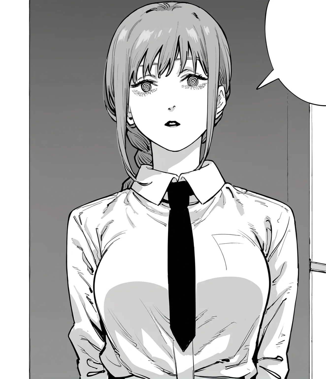 score_9, score_8_up, score_7_up, score_6_up, score_5_up, score_4_up, 2d, sketchy, manga, <lora:Fujimoto_chainsawman:1> fujichai, monochrome, 1girl,solo,breasts,looking at viewer,open mouth,bangs,shirt,long sleeves,medium breasts,monochrome,braid,greyscale,necktie,collared shirt,pants,medium hair,speech bubble,arms behind back,black pants,formal,suit,black necktie,braided ponytail,shirt tucked in,office lady,ringed eyes,business suit,high-waist pants,makima (chainsaw man) BREAK source_anime