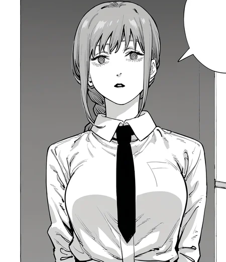 score_9, score_8_up, score_7_up, score_6_up, score_5_up, score_4_up, 2d, sketchy, manga, <lora:Fujimoto_chainsawman:1> fujichai, monochrome, 1girl,solo,breasts,looking at viewer,open mouth,bangs,shirt,long sleeves,medium breasts,monochrome,braid,greyscale,necktie,collared shirt,pants,medium hair,speech bubble,arms behind back,black pants,formal,suit,black necktie,braided ponytail,shirt tucked in,office lady,ringed eyes,business suit,high-waist pants,makima (chainsaw man) BREAK source_anime