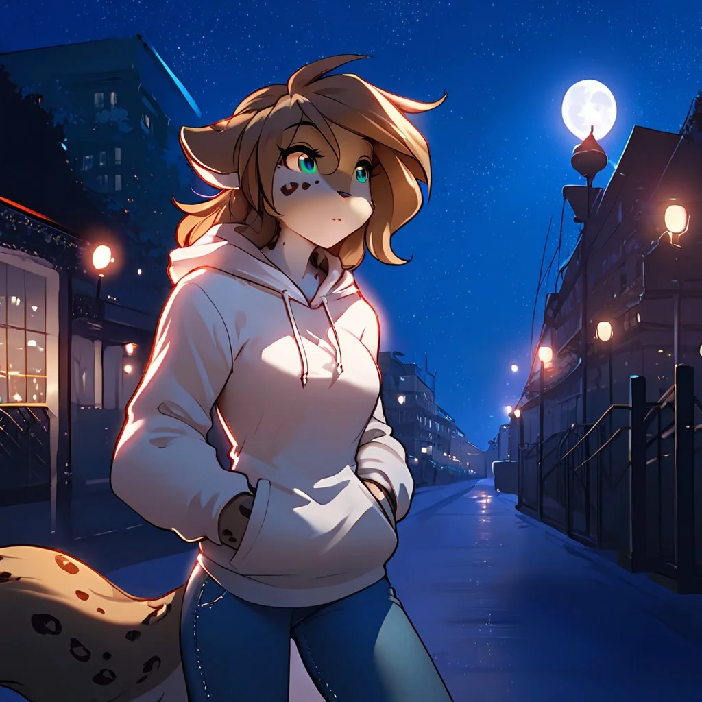 score_9, score_8_up, score_7_up, masterpiece, best quality, good quality, source_furry, Expressiveh, modern city, street lights, night time, night sky, moon, 1 girl, solo, kathrin-twokinds, anthro, hoodie, jeans, hands in pockets, standing
