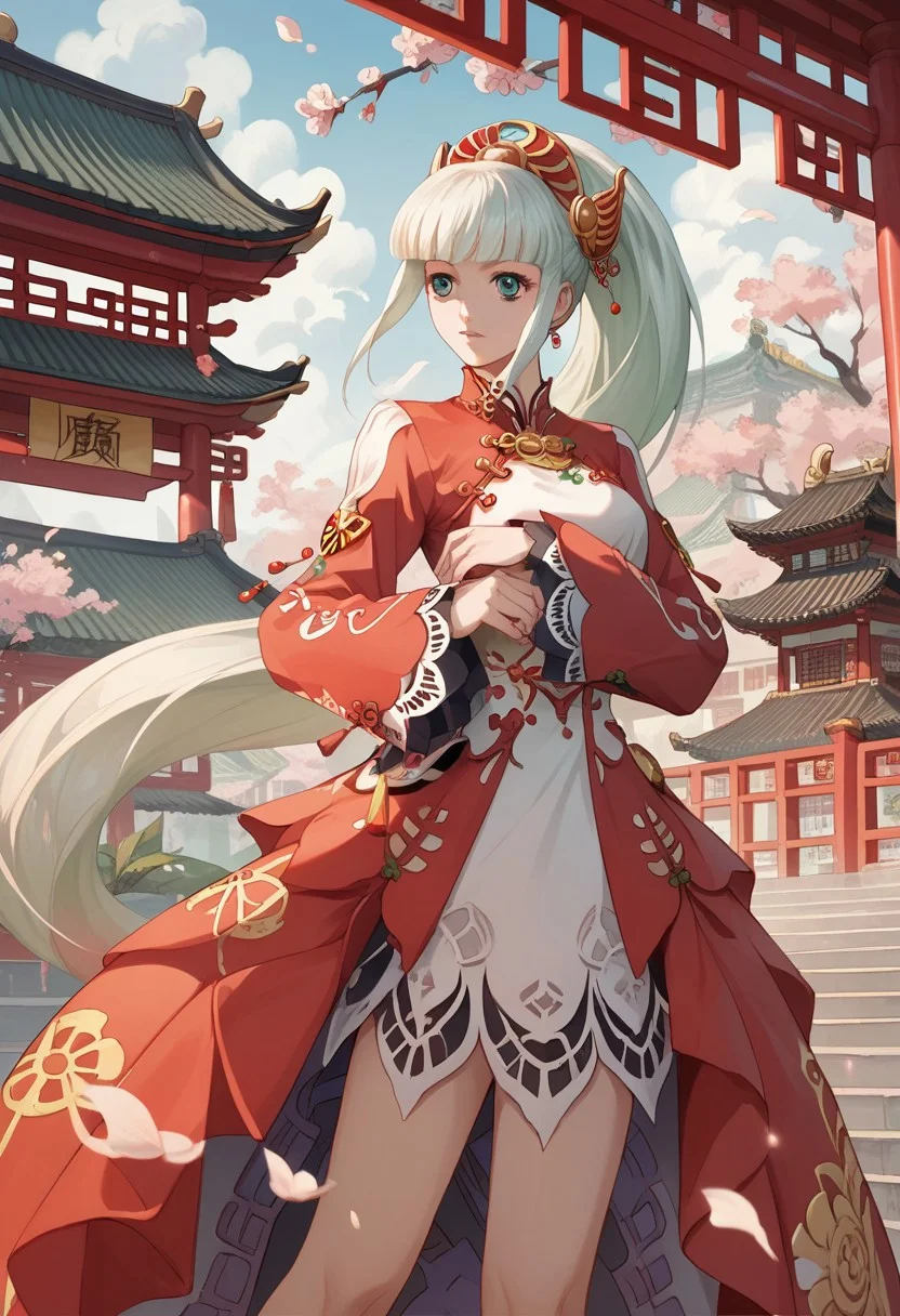 score_9, score_8_up, score_7_up, source_anime, 1girl, LAILAH (TALES OF ZESTIRIA), black hanfu, Chinese wedding, Chinese architecture