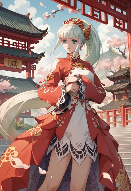 score_9, score_8_up, score_7_up, source_anime, 1girl, LAILAH (TALES OF ZESTIRIA), black hanfu, Chinese wedding, Chinese architecture