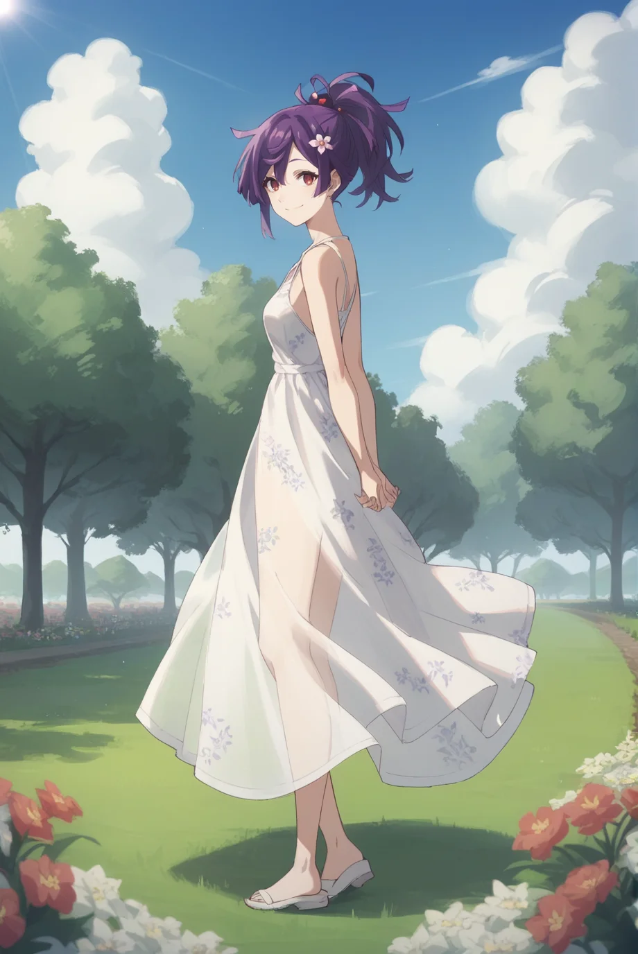score_9, score_8_up, score_7_up, score_6_up, score_5_up, score_4_up, BREAK source_anime, 1girl, solo,
<lora:YuzurihaXL-v1-06:0.7>, ChopioYuzuriha, purple hair, medium hair, ponytail, hair ornament, red eyes, looking at viewer,
sun dress, floral print, bare shoulders,
outdoors, park, grass, flowers, blue sky, clouds,
standing, smile, arms behind back, see-through silhouette,