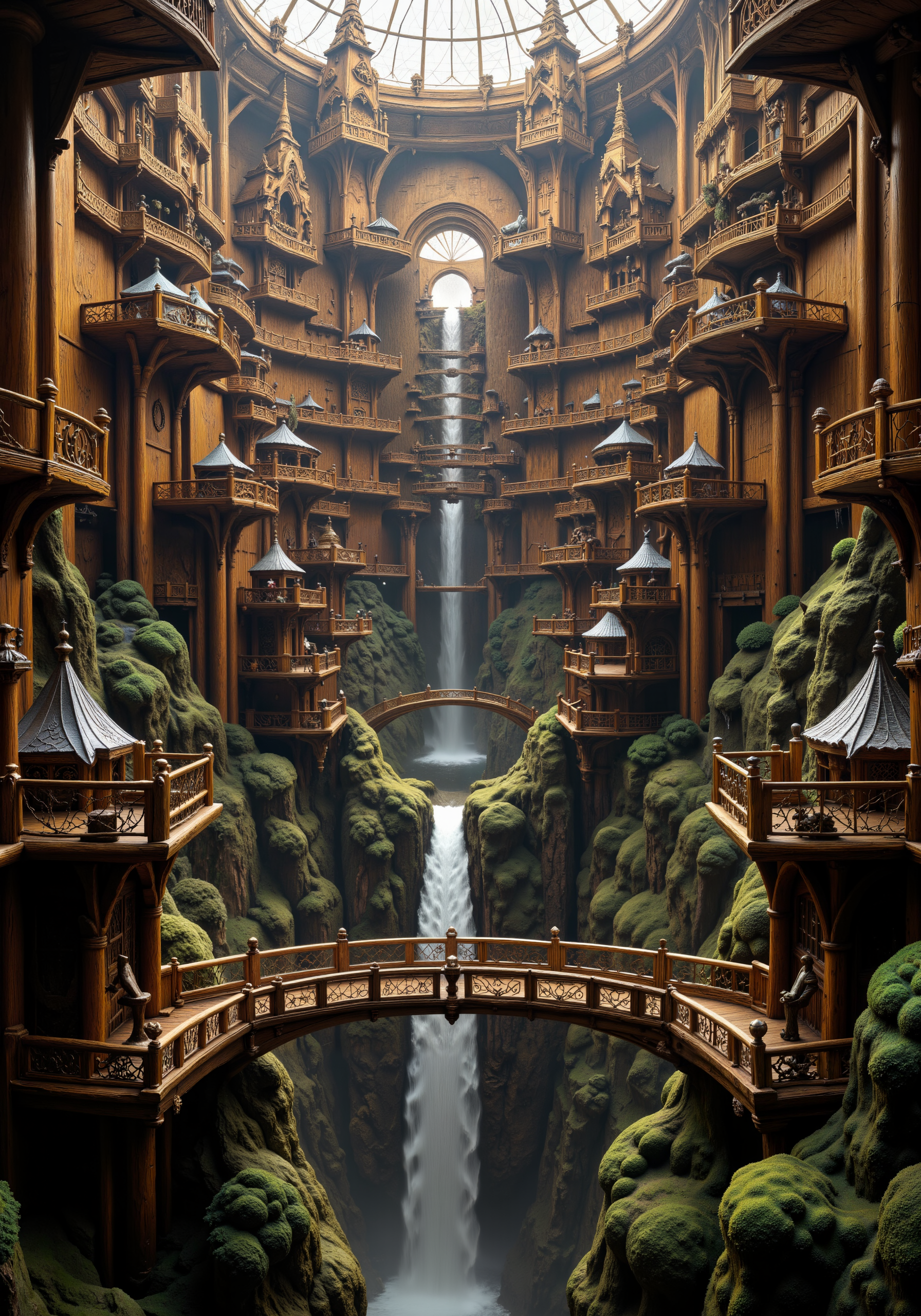 Colossal wooden labyrinth, sprawling across mountainous terrain, intricate maze-like structure carved from ancient redwoods. Towering walls of polished timber, seamlessly joined without nails. Ornate wooden bridges span deep chasms, connecting multiple levels. Elaborately carved wooden statues guard mysterious entrances. Sunlight filters through latticed wooden ceilings, creating mesmerizing shadow patterns. Spiraling wooden staircases ascend to dizzying heights. Hidden chambers and secret passages abound. Massive wooden gears and pulleys control movable sections. Living trees integrated into the structure, their branches forming natural archways. Moss-covered lower levels contrast with gleaming upper tiers. Waterfalls cascade through strategically placed wooden aqueducts. Panoramic viewing platforms offer breathtaking vistas. Architectural styles blend, from Norse stave churches to Japanese pagodas. 8k resolution, hyper-detailed craftsmanship, awe-inspiring scale. <lora:Hand v2:0.8> <lora:aidmaGothGirl-FLUX-V0.1:0.3> <lora:bm-goth_epoch_1:0.7> <lora:Chris_Luka:0.4> <lora:Gorgeous_Galactic_Females_FLUX_Ethanar:0.4> <lora:flux_dev:1>