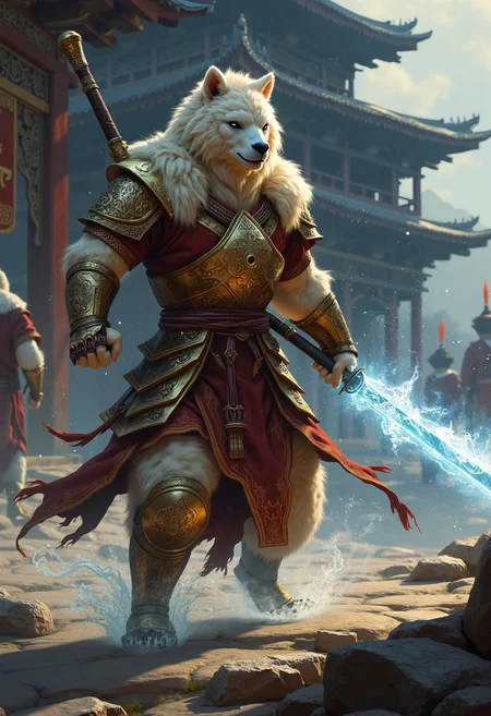 An anthro martial artist is a mixture of alpaca and bear with golden white fur. His attacks flow with glowing Qi aura as he charges towards you with his righteous sword of flowing water. He is part of the orthodox faction and his mission is to defeat degenerate evildoers like you. He's wearing light buddhist armor. The scene takes place in ancient Mongolia, during interesting times, near a beautiful monastery.