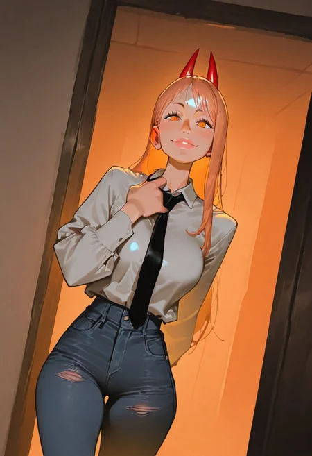 1girl, solo, power \chainsaw man\, long hair, ringed eyes, horns, white collared shirt, black necktie, jeans pants,
looking at viewer, smiling, closed mouth,
hiding, in macabre Cursed, moonlit hilltop,artist:Matsuba10,matumot,kim hyung tae,
dynamic angle, dynamic motion, creepy, horror,fenner, trippy,,absolutely eye-catching,,extremely detailed,, good composition, masterpiece, best quality, very aesthetic, very awa, absurdres, newest,
masterpiece, best quality, amazing quality, very aesthetic, absurdres, newest, , photorealistic,  <lora:incase_new_style_red_ill>, ExpressiveH,  orange lights, orange mood, shiny skin, black bra under clothes, beautiful lips, sexy lips, shiny lips, adjusting neck tie, mad face, crazy