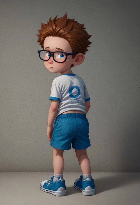 score_9, score_8_up, score_7_up, highly detailed, cute boy, 1boy, solo, male focus, lucasnickle, freckles, blue eyes, brown hair, spiky hair, messy hair, short and neatly combed, blue eyes, wearing glasses, t-shirt with a circular logo, blue shorts, sneakers,, from behind, looking back, full body, full body shot