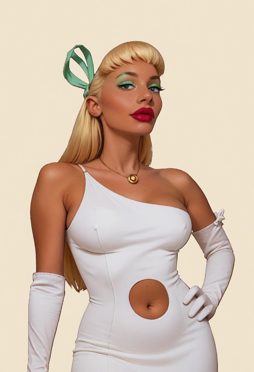 realistic, fr_blotz, 1girl, mature, 28 years old, solo, lipstick, Makeup, green Mascara, blonde hair, hand on hip, white Dress, long hair, tanned, navel cutout, Navel, large breasts, White elbow glove, necklace, green hairband ribbon, score_9, score_8_up, score_7_up, score_6_up,