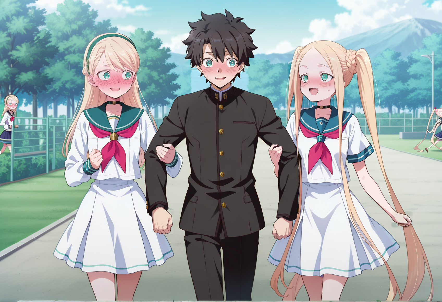 anime screencap, anime screenshot, 2girls, 1boy, take your pick, outdoors, school yard, walking, 1girl, blonde hair, green eyes, hairband, french braid, choker, serafuku, nervous smile, looking to the side, embarrassed, sleeve hold, flat chest <lora:Gerda_FGO_illus:1>
BREAK
anime screencap, anime screenshot, 2girls, 1boy, take your pick, outdoors, school yard, walking, 1boy, school uniform, fujimaru ritsuka \(male\), smile, looking at another,  sleeve hold, hug, arm grab
BREAK
anime screencap, anime screenshot, 2girls, 1boy, take your pick, outdoors, school yard, walking, 1girl, braided buns, absurdly long hair, twintails, blonde hair, blue eyes, forehead, sidelocks, parted bangs, serafuku, looking at another, smile, open mouth, arm grab, hug   <lora:Abby_Pretender:1>, masterpiece, best quality, amazing quality, very aesthetic, absurdres, highres, newest