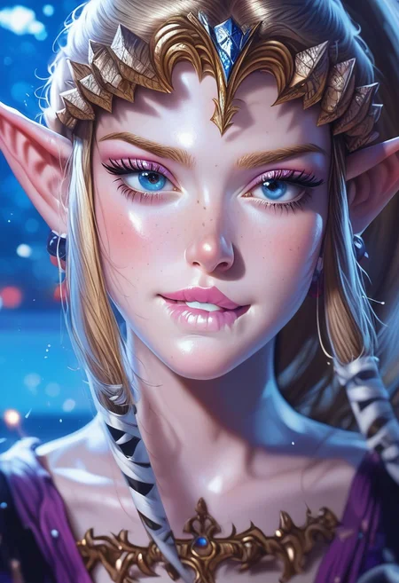 score_9, score_8_up, score_7_up, score_6_up, 1girl, Zelda, tpzlda, elf ears, blue eyes, blonde hair, solo, portrait, lips, freckles, biting own lip, (biting lip:1), seductive, ponytail, lipstick, makeup, eyeliner, eyeshadow, beautiful detailed face, sexy woman, open shirt, no bra, night, night club background, blurry background