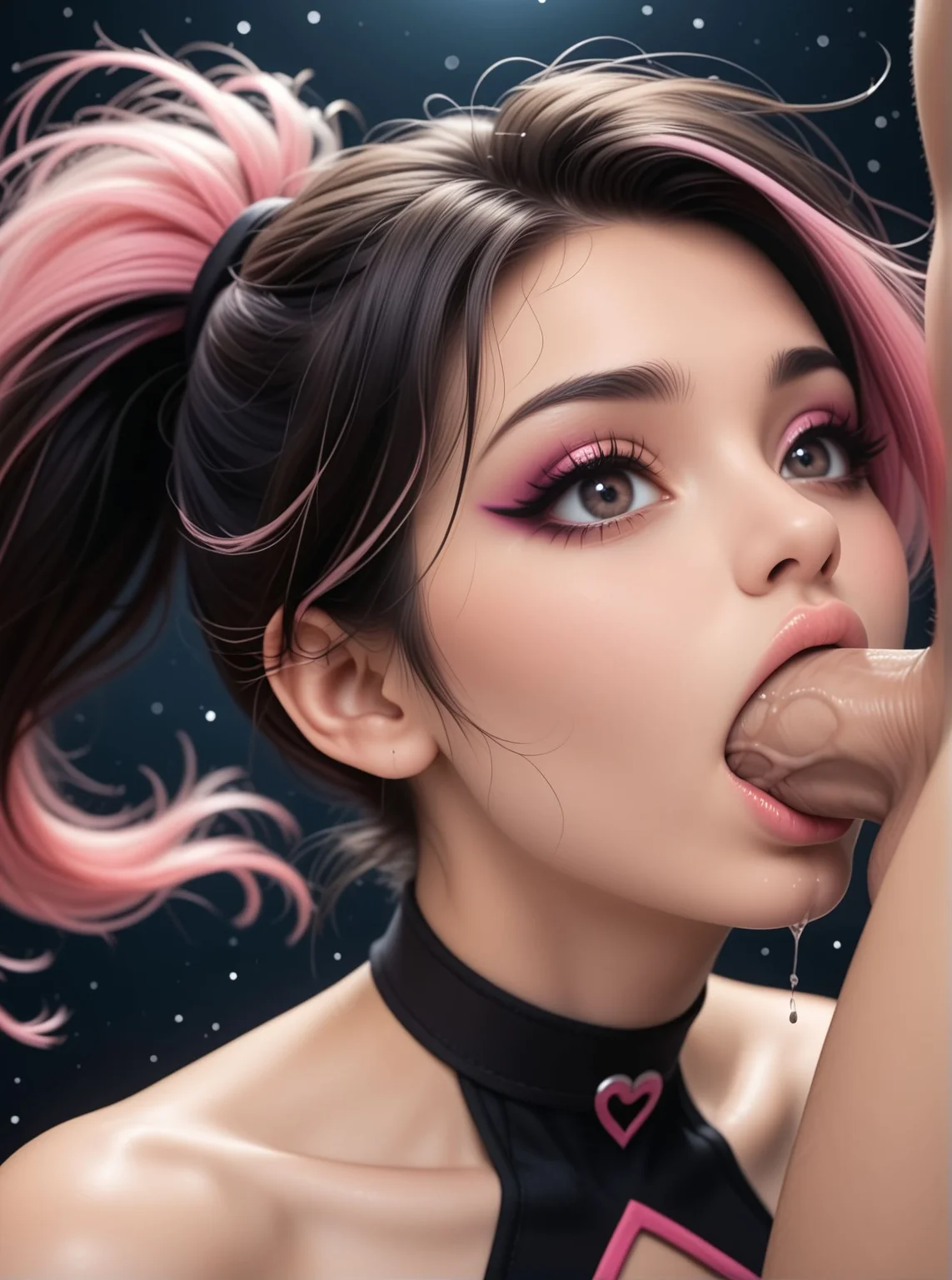 woman, close up, blowjob, open mouth, deepthroat, penis, saliva, dark background, bare shoulders, eyeliner, seductive, flirtatious, floating hair, floating particles, high angle, choker, detached sleeves,, <lora:Woomy_3_Pony:1> dark eyes, black hair, pink highlights, ponytail,