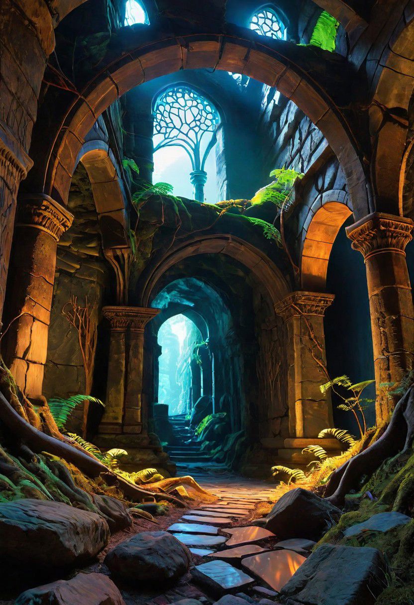 Octane render, hyper realistic wood stone and glass textures, Fantasy masterpiece, dark vaporwave color palette, group of beautiful adventurers exploring ancient ruins, ornate gothic archways, richly colored stained glass windows, thick twisting tree roots growing in through the walls, masterpiece, sci-fi painting, dramatic lighting, winding cavernous Cyberpunk labyrinth, tunnels lined with pipe work and wires, drab graffitied concrete illuminated by the soft glow of neon lighting