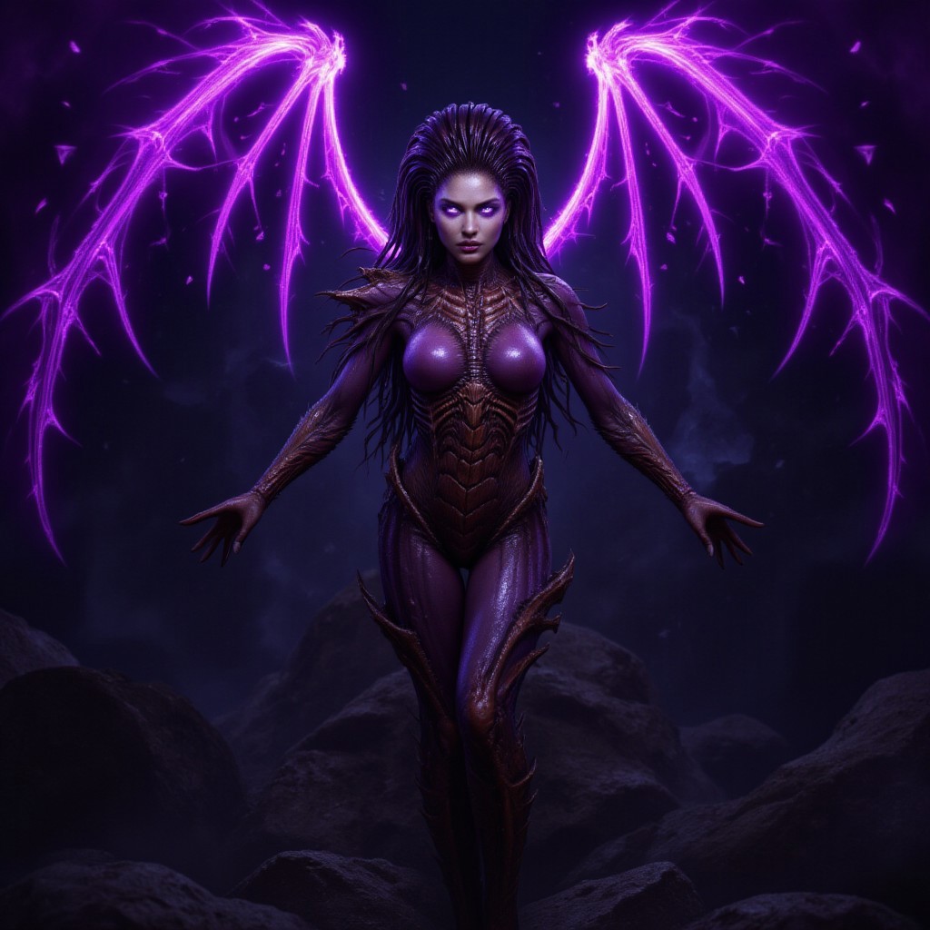 aidmafluxpro1.1, aidmarealisticskin, This is a highly detailed, fantasy photo featuring a powerful, humanoid female figure with a menacing, otherworldly appearance. She stands in the center of the image, surrounded by a swirling, ethereal vortex of dark purple and black cosmic energy. Her skin has a dark, almost black tone, and her eyes glow with an intense, piercing light. She has long, flowing, dark hair that seems to be infused with the same energy as the background, giving it a fiery, electric texture.shot with a sony camera