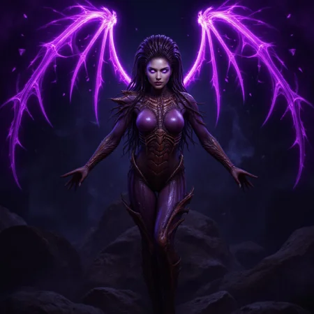 aidmafluxpro1.1, aidmarealisticskin, This is a highly detailed, fantasy photo featuring a powerful, humanoid female figure with a menacing, otherworldly appearance. She stands in the center of the image, surrounded by a swirling, ethereal vortex of dark purple and black cosmic energy. Her skin has a dark, almost black tone, and her eyes glow with an intense, piercing light. She has long, flowing, dark hair that seems to be infused with the same energy as the background, giving it a fiery, electric texture.shot with a sony camera