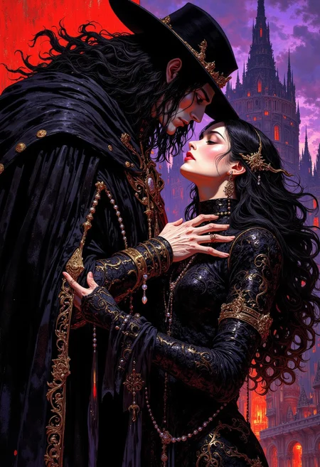 weibo, drawing, illustration retro 90's, Yoshitaka Amano, Ayami Kojima, chromatic aberration, detail, high contrast, cinematic view, volumetric lighting, perspective, vampire_hunter, gothic_fantasy, long_black_hair, stoic_expression, melancholic_woman, dark_gown, golden_details, misty_castle, purple_twilight, red_sky, dramatic_lighting, high_contrast, eerie_atmosphere, fantasy_art, intense_gaze, dark_romantic, gritty_texture, melancholic_mood, thick_linework, surreal,cinematic, intense_detail,photorealistic,(sharp focus:1.3). A stylized character with a striking appearance. A close-up of a character a tall, mysterious vampire hunter with pale skin and a stoic expression, dressed in a flowing black cloak and wide-brimmed hat. He has long, wavy black hair that cascades over his shoulders. The vampire hunter leans forward slightly, while the woman mirrors her gesture, creating a sense of intimacy and connection. A melancholic woman with long dark hair, styled with subtle pearl accents. She wears an elegant dark gown with golden details, her gaze soft. The background features a Gothic, dark castle shrouded in mist with a haunting purple and red twilight sky, adding a sense of foreboding and otherworldly beauty. The scene has a dramatic, high-contrast color palette, with deep shadows and highlights. The image is highly detailed, with a focus on the textures of his suit, the sharpness and the way his interacts with the woman.
DB4RZ, DB4RZ style painting