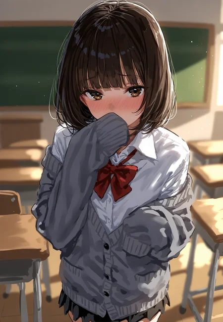<lora:aruhshuraSDXL:1>, best quality, masterpiece, aruhshura, 1girl, sleeves past wrists, classroom, black skirt, looking at viewer, school uniform, indoors, school desk, brown eyes, sleeves past fingers, white shirt, brown hair, grey cardigan, blurry background, blush, pleated skirt, school chair, covering own mouth, long sleeves, blunt bangs, medium hair, red bowtie, off shoulder, red bow, bob cut, collared shirt, chalkboard