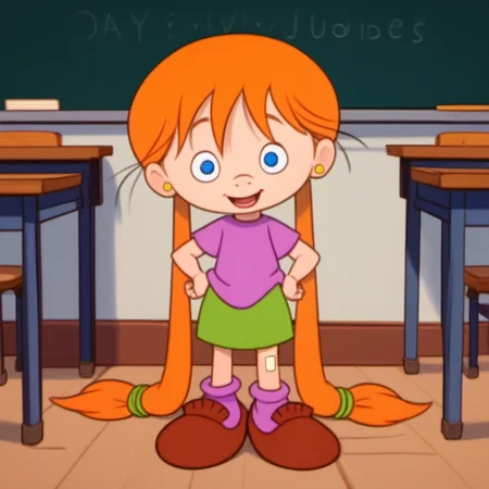 score_9, score_8_up, score_7_up, 1girl, solo, jacbw1, blue eyes, orange hair, very long twintails, looking at viewer, hands on hips, jewelry, earrings, smile, open mouth, purple shirt, green skirt, bandaid on knee, purple socks, brown footwear, perfect hands, child, classroom, lens_flare, Volumetric Lighting, <lora:jacbw1-000010:1>,