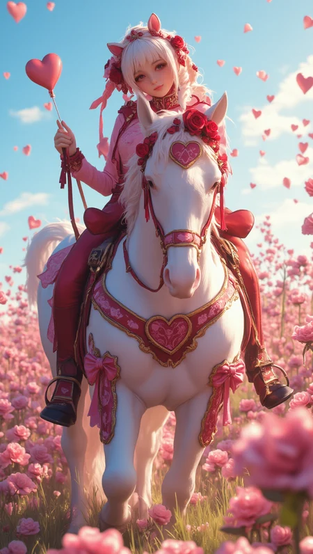 majestic anime-style horse standing in a sunlit rose meadow, wearing an ornate Valentine-themed saddle and bridle, saddle crafted from deep red leather with intricate gold embroidery in heart and rose patterns, pink silk tassels and velvet accents, heart-shaped stirrups and rose-shaped buckles, matching bridle with crimson and blush ribbons braided into the mane, soft glowing light, petals drifting through the air, elegant and regal posture, high detail, whimsical romantic atmosphere <lora:Niji_semi-realism_flux:0.8500000000000002> <lora:Valentine_Couture:0.8500000000000002>
