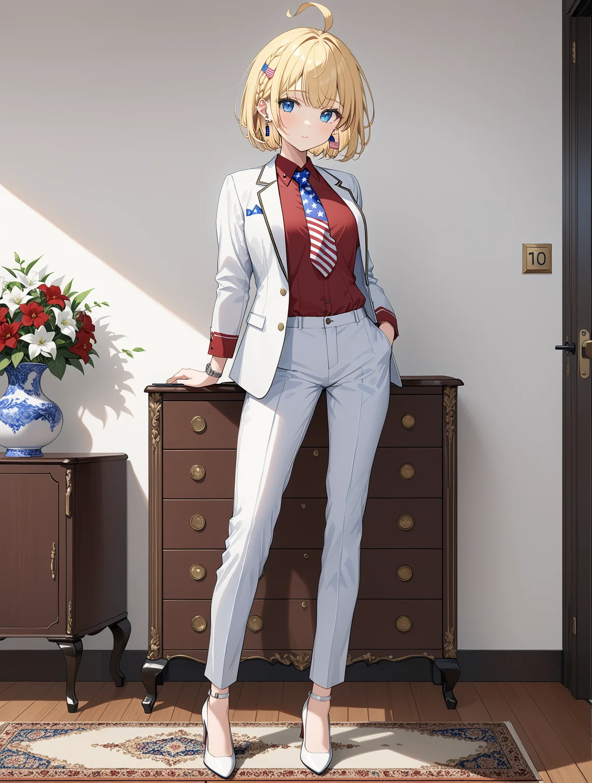<lora:M1911_Girls_Frontline (PONY):1> m1911, american flag tie, blue_eyes, blonde_hair, short_hair, bangs, ahoge, solo white pantssuit, red blouse, heels, earrings, white suit jacket, closed jacket, highend apartment setting, wood floors, rug, white walls, painting on wall, score_9, score_8_up, score_7_up, masterpiece, high quality, 8K, <lora:detailed_notrigger:1>
