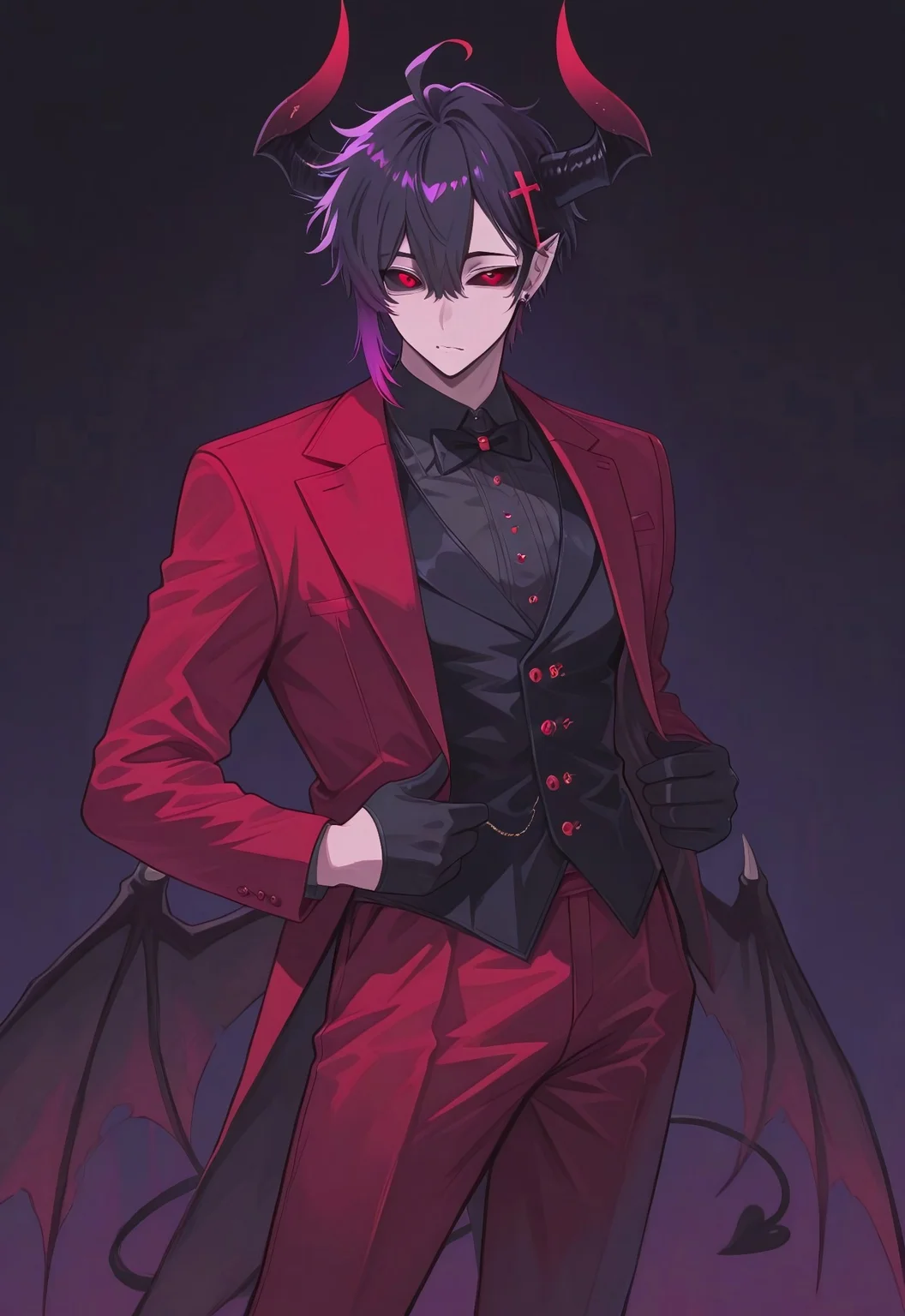 masterpiece, best quality, newest, highres, absurdres, AmonVT25, 1boy, lazypos, solo, solo male, focus male, looking_at_viewer,
LeIsT0_illu, inkstyle, vibrant color, pastel colors, limited palette, colorfull,
red eyes, black sclera, (((horizontal_pupils:1))), demon horns, demon_tail,
gradient hair, purple hair, red hair, short hair, ahoge, single ahoge, (((red ahoge:1))), cross hair ornament, black hair ornament, (((bat wings:1))), (((doyagao:1))),
(((Red suit:1))), studded pants, (((red pants:1))), White socks, black shirt, collared shirt, Open collar, waistcoat, (((dark waistcoat:1))), oxfords, black shoes, half gloves, gloves, black gloves, (((suit jacket:1))), blazer, (((red jacket:1))), Black bow, bowtie, Adjusting bow,