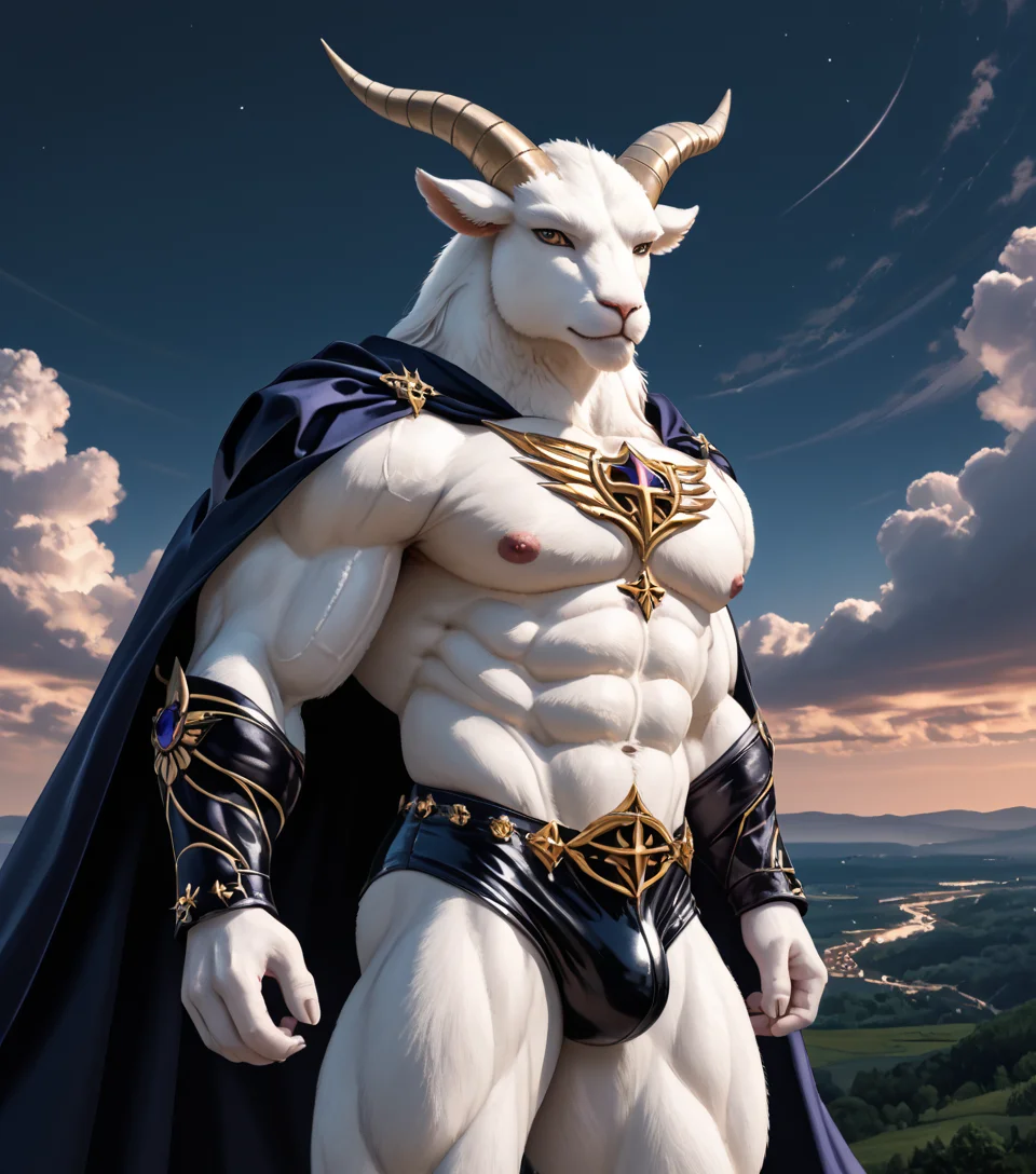 masterpiece, best quality, newest, absurdres, highres, furry, perfect anatomy,
8K, In'ei, chiaroscuro, absurd details, masterclass screenshot, subsurface reflections, subsurface light, subsurface light scattering, ambient lighting, atmospheric effects, deep dark shadows,
<lora:Goat_(Pony)_(AD):1> goat, muscular,
soft detailed anime background, exterior, scenery, soft detailed anime clouds, midnight, dark night,
dutch angle, perfect proportions, leather armored, warrior, colored green and purple gradient leather chest armor with ab lines, leather gloves with intricate designs, voluminous silk cape with intricate designs, supervillain briefs, bare thighs, biceps, shoulders, fantasy armor, end boss, opulent, decadent, goat headed, colored furry body, manly bulge, Satanic, Satanic colors, side view, cowboy shot,
impressive physique, peak physical condition, large shoulders, large biceps, wide thick upper body, thick thighs, thick legs, thick arms, large thick wide rounded pecs, abs,
EZRealPONYXL, zPDXL, zPDXLxxx,