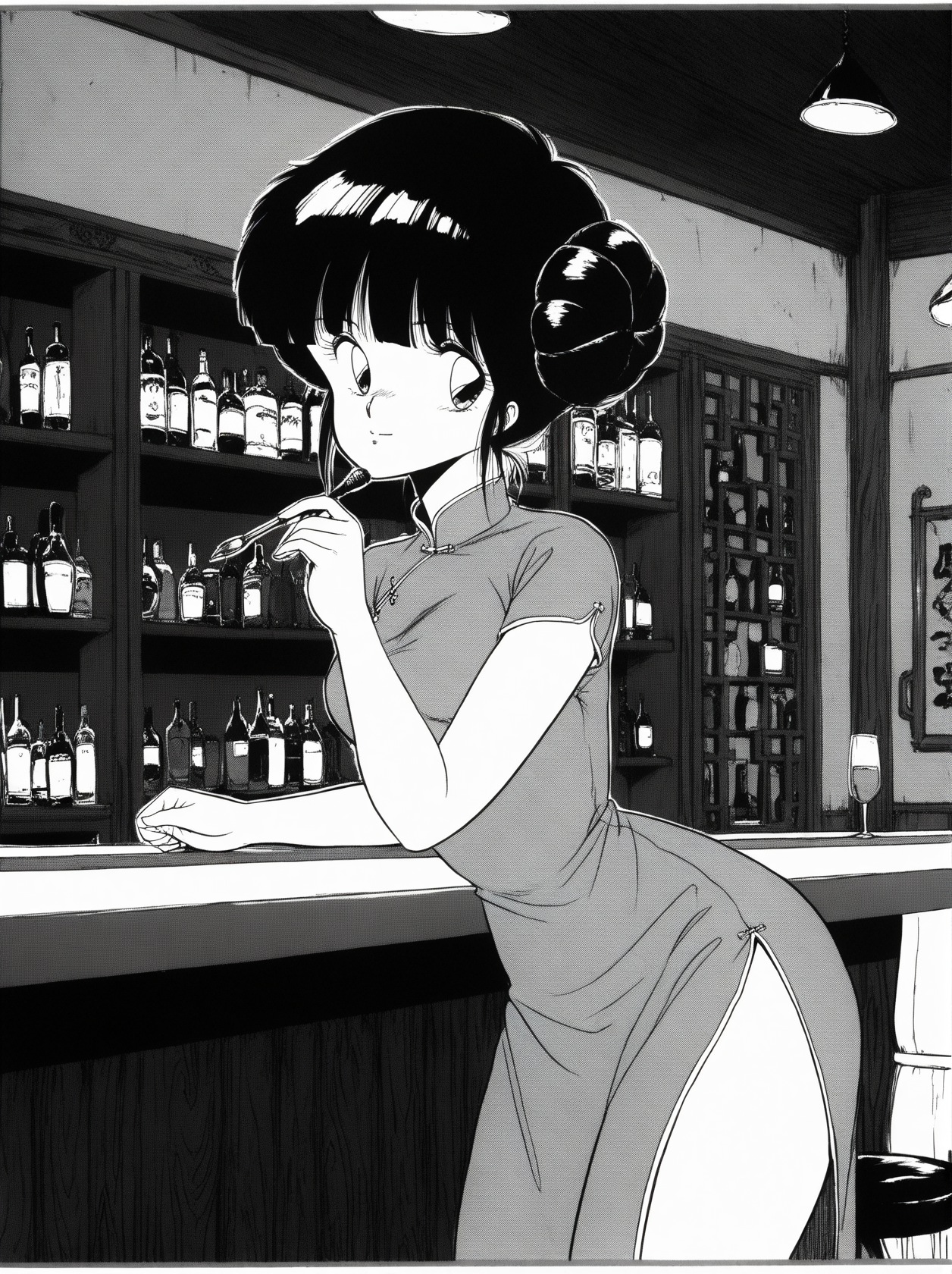 highres,ultra-detailed,very aesthetic,best quality,best hands,1980s,monochrome,grayscale,<lora:oonuma_hiroshi_v00:0.8>,1girl,medium breasts,black hair,twin bun hairstyle,blunt bangs,Chinese dress,bar,