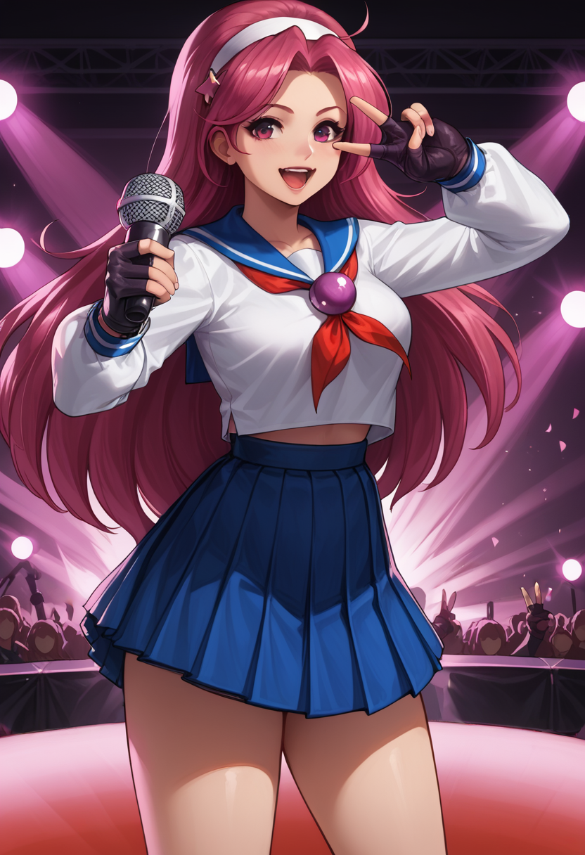 score_9, score_8_up, score_7_up, score_6_up, source_anime BREAK <lora:AthenaKOFXIII:1>, AthenaKOFXIII, pink hair, white hairband, serafuku, pearl (gemstone), blue pleated skirt, fingerless gloves,  open mouth, stage, stage lights, holding microphone, hand gesture, peace sign, v, breasts, 1 girl, solo,