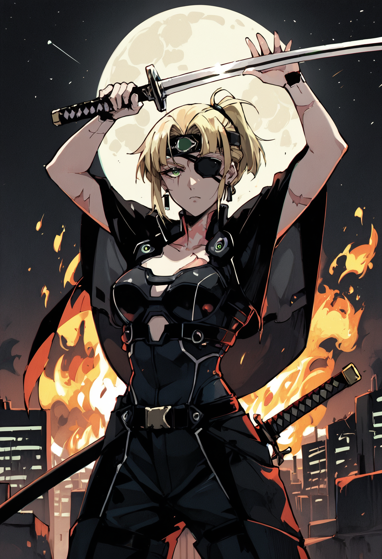 score_9, score_8_up, score_7_up, roof, city, explosion, fire, moon, stars,
1girl,  black mantle, earrings, cyberpunk, eyepatch, neon eyepatch, blonde hair, wild hair, short ponytail, bangs, one eye, green eye, scars on fase,
looking at viewer, expressionless, dark, dark theme, forehead protector,  cowboy shot,
standing, neon katana,  high guard sword parry stance, arms up, two-handed holding katana,  <lora:high_guard_sword_parry_stance:0.6>,
<lora:Anrosmas_Style:0.8>, anrosmas, <lora:Expressive_H:0.3>, <lora:Xenotrip_v.2:0.3>, <lora:dino:0.4>, <lora:hellsing_ultimate_style:0.3>,