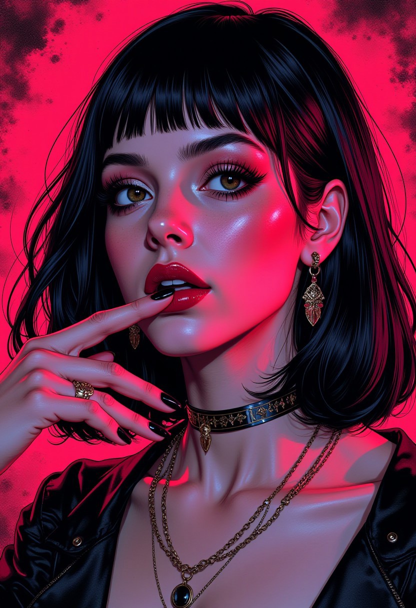Stunning illustration, masterpiece, of a goth cyberpunk girl, straight-cut bob, bangs, black hair with red streak, earrings, necklaces, red thin lips, dark eyeshadow, choker, black nail varnish, one hand near her mouth, sensual, sexy, vibrant surreal colours
