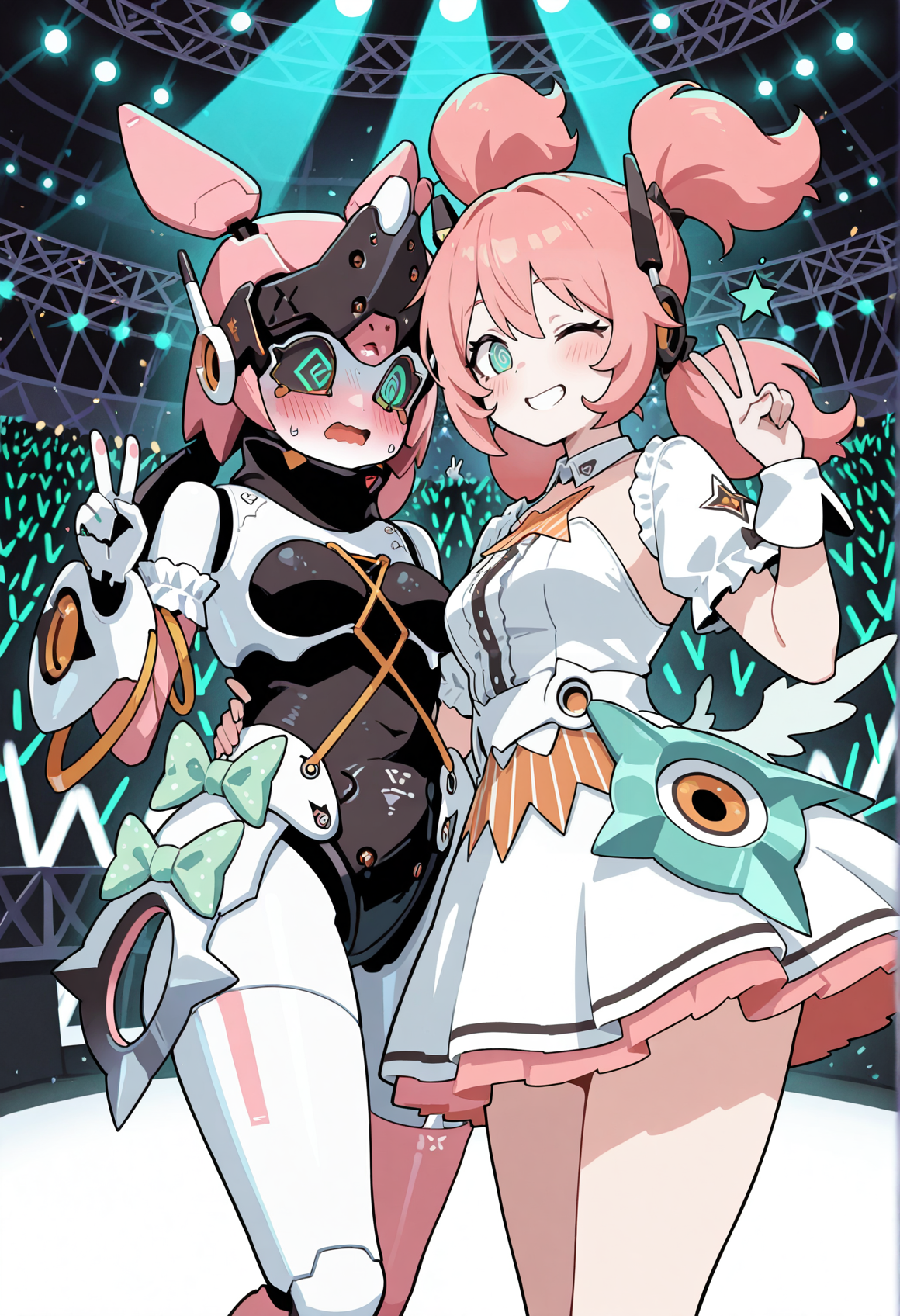 2girls, stage, stage lights, audience, glowing sticks, 1girl, robot girl, humanoid robot, robot joints, metal skin, aqua eyes, black sclera, mechanical hair, robot ears, green bow, armlet, frills, v, embarrassed, @_@,
BREAK
2girls, stage, stage lights, audience, glowing sticks, 1girl, idol, short dress, white dress, pink hair, aqua eyes, quad tails, v, smile wink  <lora:yutane_johiel_ZZZ:1>, masterpiece, best quality, amazing quality, very aesthetic, absurdres, highres, newest