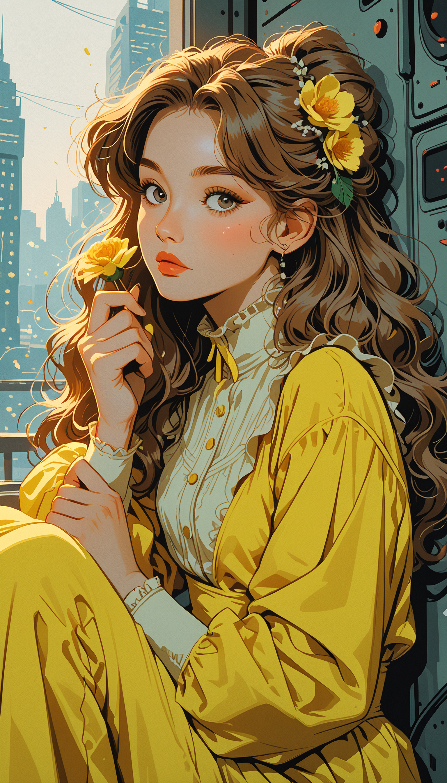 masterpiece, Shinkaistyle,
pinkretroanime, retro art,
Cyberpunk Style, cyberpunk, science fiction, hi tech, future tech, neon, (Cybernetics:1.25), (Neon Cityscape:1.4), (lineless:1.5), smooth edges, (lighten the face:1.5), tall body, slender body, fit body, long legs, The image features a stylized illustration of a character who appears to be a young woman with long, flowing hair. She's wearing a bright yellow dress with ruffled sleeves and a high collar, suggesting a fashion that could be from a historical or fantasy setting. Her pose is dynamic; she's looking off to the side with her hands clasped together in front of her, her expression thoughtful or contemplative. The character has large, round blue eyes and fair skin, which contrasts with the vibrant yellow of her dress. The art style leans towards a soft, whimsical aesthetic with a strong use of light and shadow to create depth and highlight details in the hair and clothing textures. There's a subtle glow that emanates from the character, adding to the ethereal and dreamlike quality of the image. The background is minimalistic, providing a neutral backdrop that keeps the focus on the character. The overall composition suggests a romantic or fairy-tale theme, with the use of bright colors and soft lighting contributing to a serene and inviting atmosphere., 1girl, solo, long hair, looking at viewer, blush, bangs, blue eyes, blonde hair, simple background, brown hair, hair ornament, long sleeves, white background, dress, bow, holding, brown eyes, sitting, very long hair, closed mouth, upper body, flower, frills, parted lips, puffy sleeves, hand up, hair flower, grey background, from side, lips, grey eyes, petals, eyelashes, makeup, feet out of frame, leaf, wavy hair, expressionless, light brown hair, frilled dress, lipstick, knees up, yellow bow, puffy long sleeves, curly hair, light blush, yellow flower, long dress, holding flower, red lips, yellow dress, yellow theme