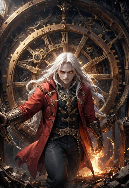 ((Third-person view of the handsome young acrobatic Alucard with long flowing white hair while climbing a giant vertical spinning gear inside an intricate clock tower high above the ground)),
video game character, Castlevania, Symphony of the Night, SOTN, glowing rapier, long flowing white hair, radiant lighting, vibrant red cloak, realistic face, male model, confident, bold, stately,
extremely detailed background, floorless tower, interior, gears, cogs, pendulums, wheels, wooden shafts, mechanisms, (background focus:1.5),
eye catching,
ral-exposure, motion blur, (motion blur fingers, motion blur feet:1.25), parkour,
dynamic shot, viewed from the side, distant view,
hyperdetailed realistic illustration, intricately detailed, highest quality, implied motion, motion streaks, motion lines,
BREAK, ultra level of detail and precision in the art, masterpiece, absurdres, mixed media, (lineart:1.6), digtal art, detailed shading, extreme wide-angle view, ray-traced,
intense mood, gritty, grimdark,
subsurface scattering, (light leaks, lens flare, crepuscular rays, sunbeams, halo effects:1.3), (broken jagged rainbow optical rings:1.1), global illumination, ambient occlusion, soft shadows, film grain, Dutch angle, cinematic composition, (mystic haze, dusty atmosphere:1.2), HDR, complementary colors, (vibrant colors, colorful palette:1.1), (fisheye lens:1.8),